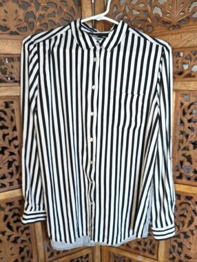 Jane and Delancey Black and White Vertical Stripe Button-Down Shirt